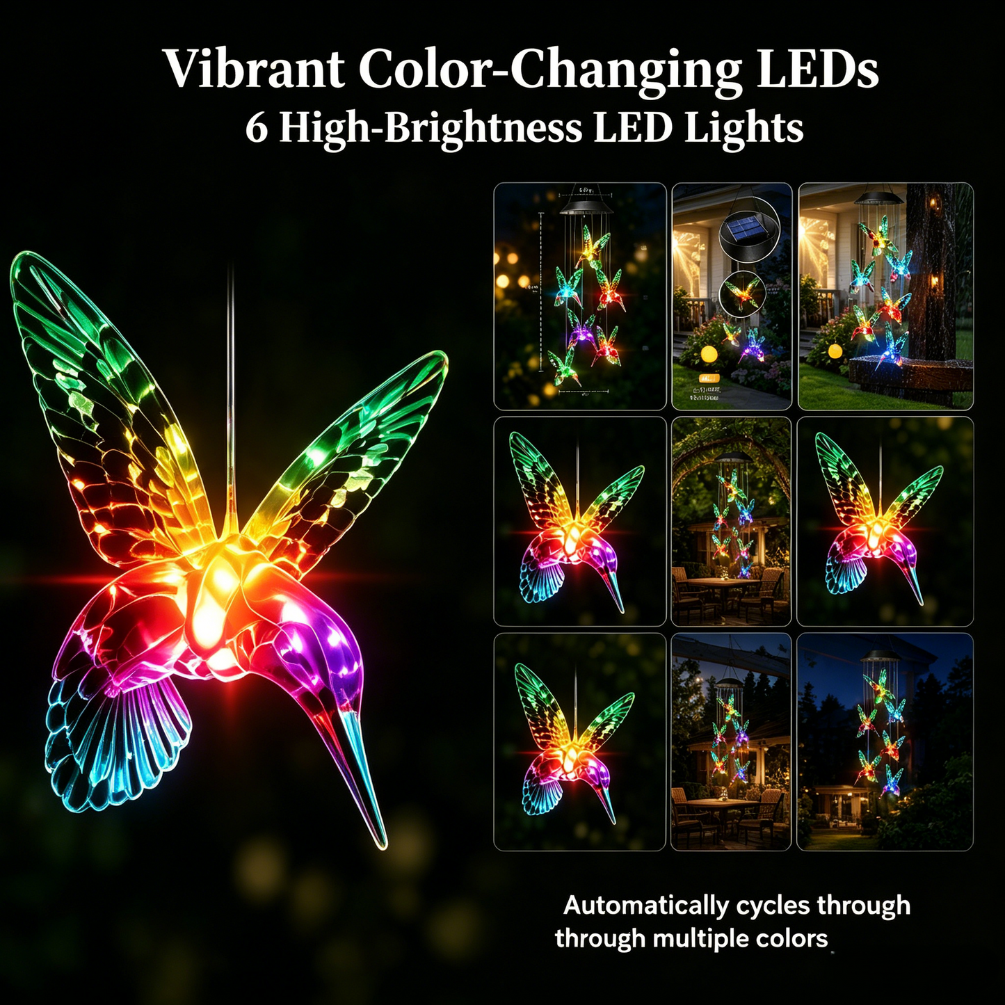 Butterfly & Sunbird Solar Wind Chime Light โ Waterproof Outdoor Decor for Porch, Patio & Windowsill with Rainbow LED Glow-HS