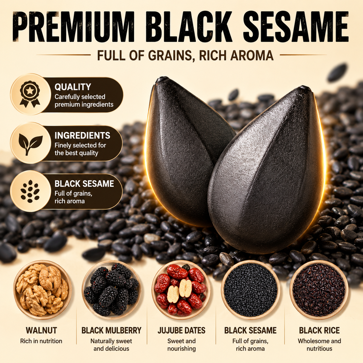 Intangible Heritage 5-Treasure Black Sesame Balls – Nine-Steamed & Nine-Sun-Dried Traditional Craft & Repair Damaged Hair&Promote Sleep-HS