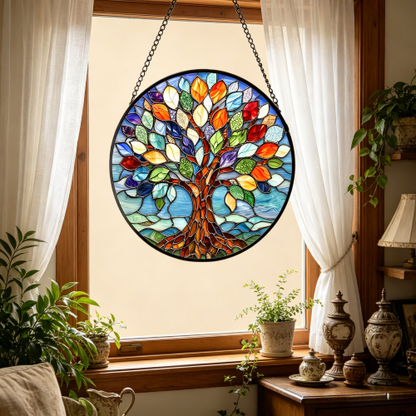 Tree of Life Stained Glass Suncatcher - Colorful Window Hanging Ornament, Handcrafted Home Decor & Unique Spiritual Gift for All Occasions-HS