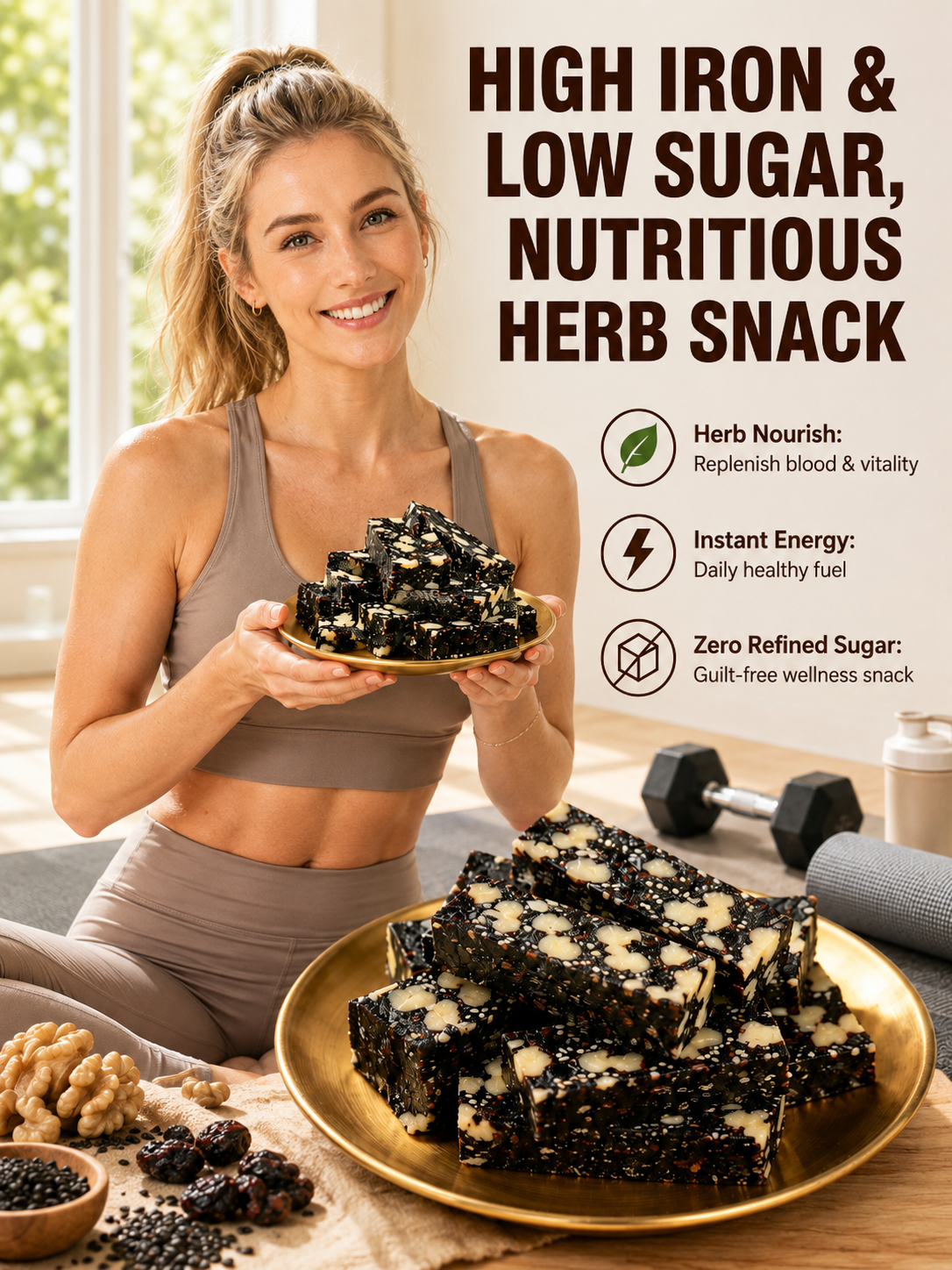 Mulberry Rehmannia & Black Goji Sesame Cake – Soft Herbal Nut Snack, Low Sugar Energy Bar-HS