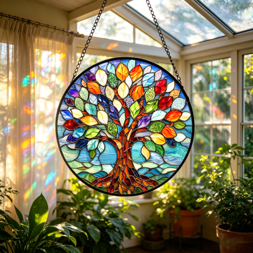 Tree of Life Stained Glass Suncatcher - Colorful Window Hanging Ornament, Handcrafted Home Decor & Unique Spiritual Gift for All Occasions-HS