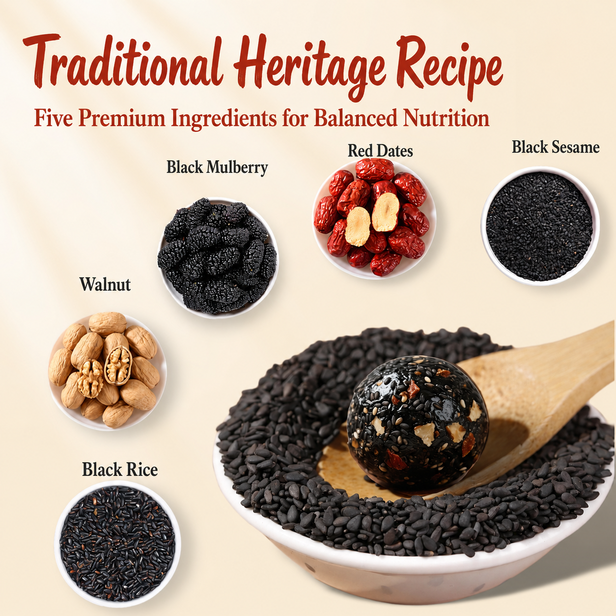 Intangible Heritage 5-Treasure Black Sesame Balls – Nine-Steamed & Nine-Sun-Dried Traditional Craft & Repair Damaged Hair&Promote Sleep-HS