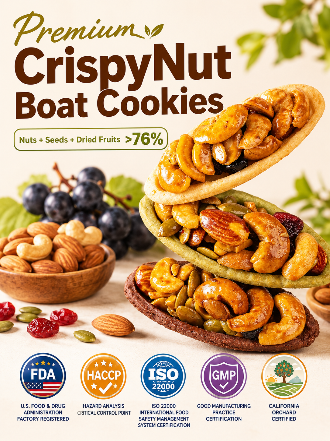 🍪Premium Crispy Almond Cashew Cookies – Roasted Nut Snack with Cocoa, Matcha & Original Flavors