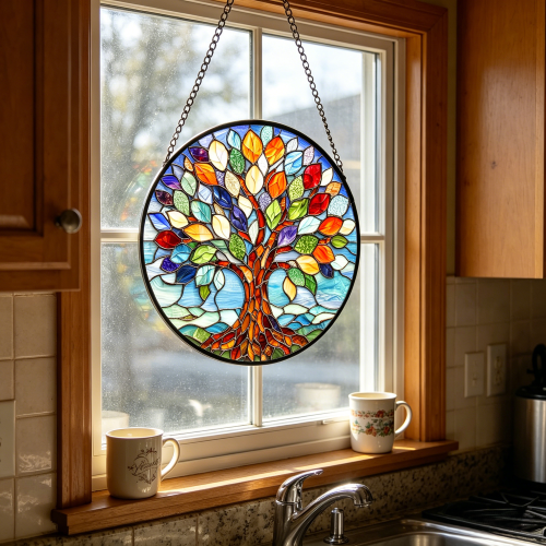 Tree of Life Stained Glass Suncatcher - Colorful Window Hanging Ornament, Handcrafted Home Decor & Unique Spiritual Gift for All Occasions-HS