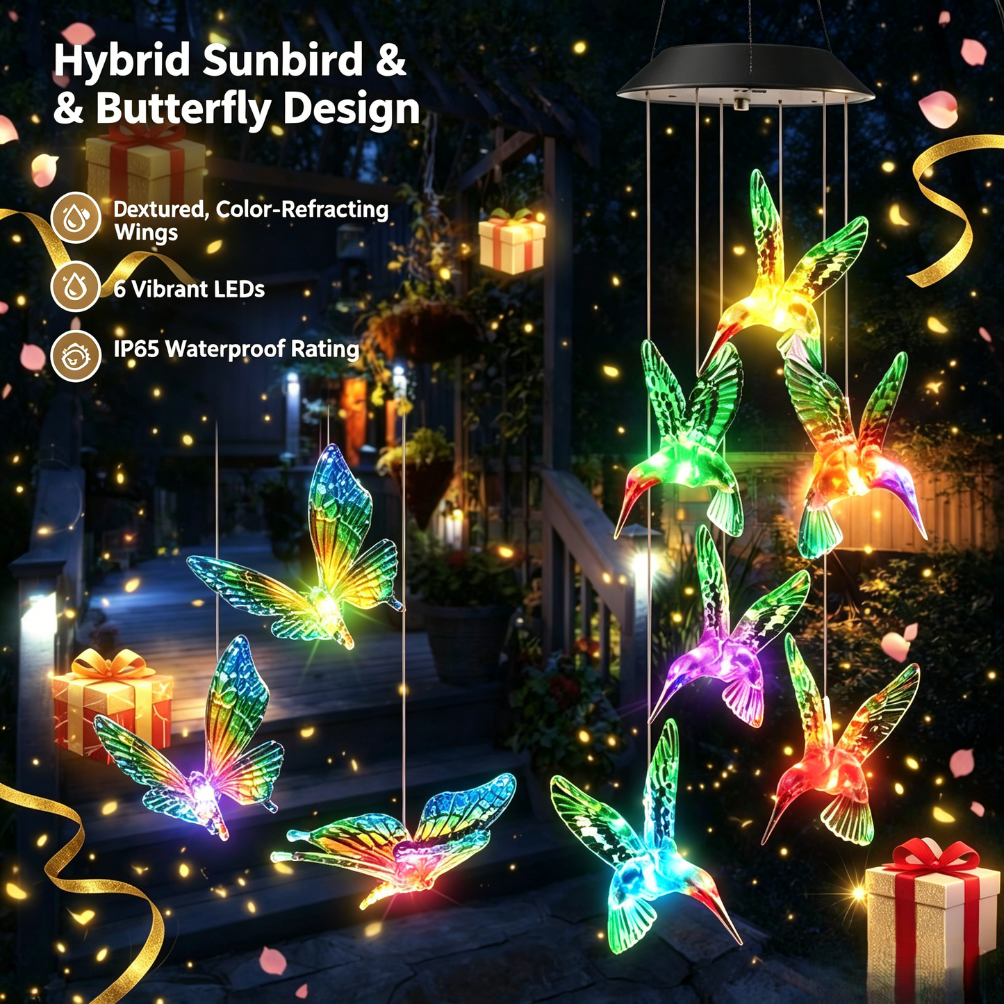 Butterfly & Sunbird Solar Wind Chime Light – Waterproof Outdoor Decor for Porch, Patio & Windowsill with Rainbow LED Glow-HS