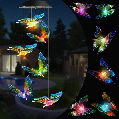 Butterfly & Sunbird Solar Wind Chime Light – Waterproof Outdoor Decor for Porch, Patio & Windowsill with Rainbow LED Glow-HS