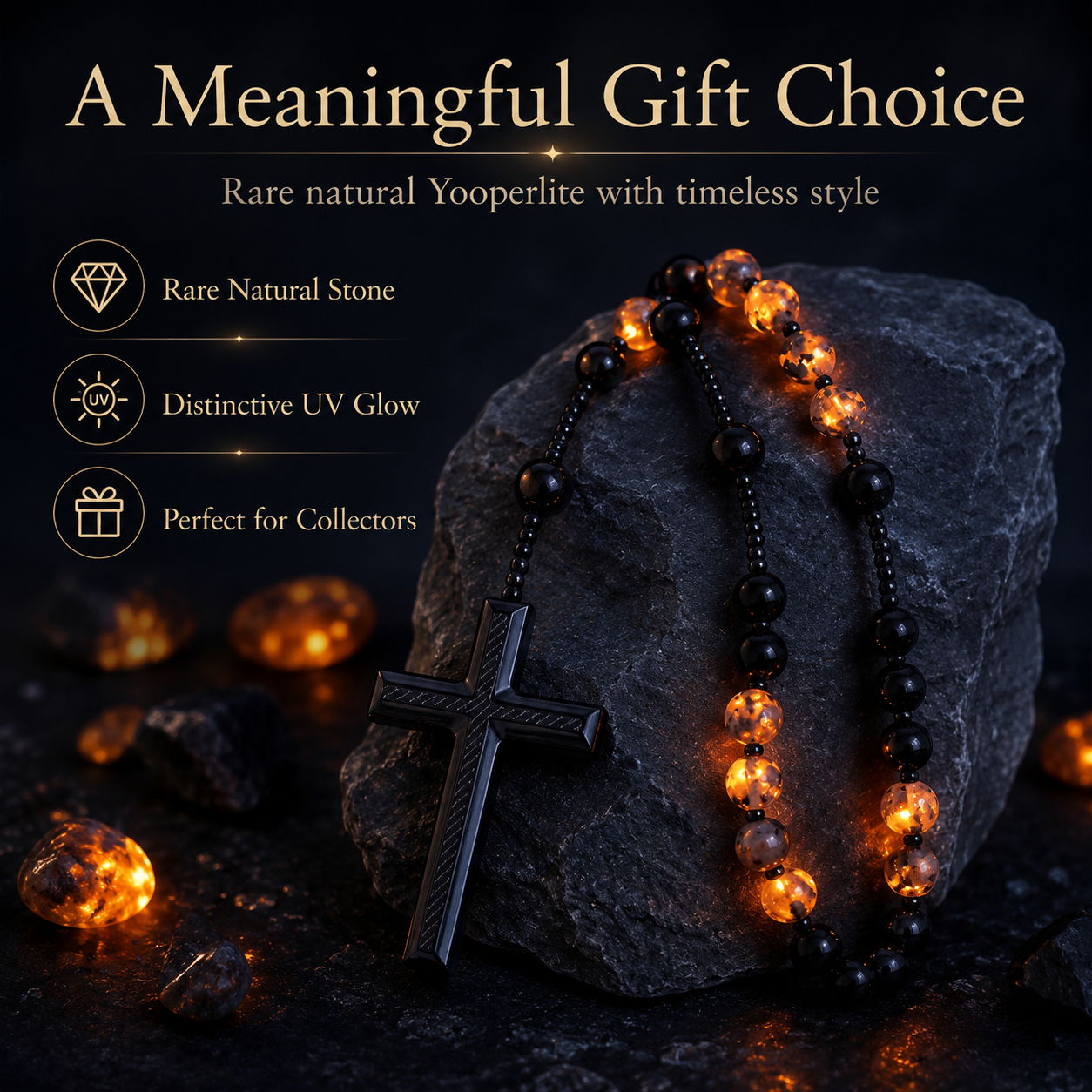 2026 New Model gmakeupo Natural Obsidian Yooperlite Rosary Necklace | UV Reactive Wealth & Protection Cross Necklace-HS