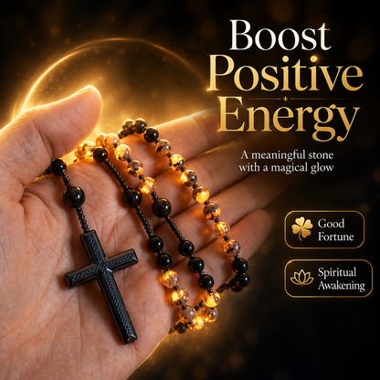 2026 New Model gmakeupo Natural Obsidian Yooperlite Rosary Necklace | UV Reactive Wealth & Protection Cross Necklace-HS