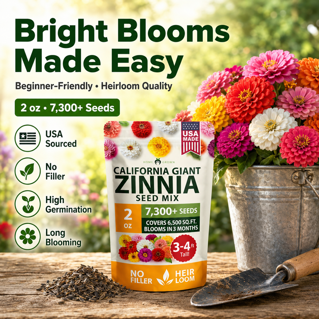 🌈🌻California Giant Zinnia Mix 🌸-🎨 Stunning Blend of 6 Vibrant Colors-HS