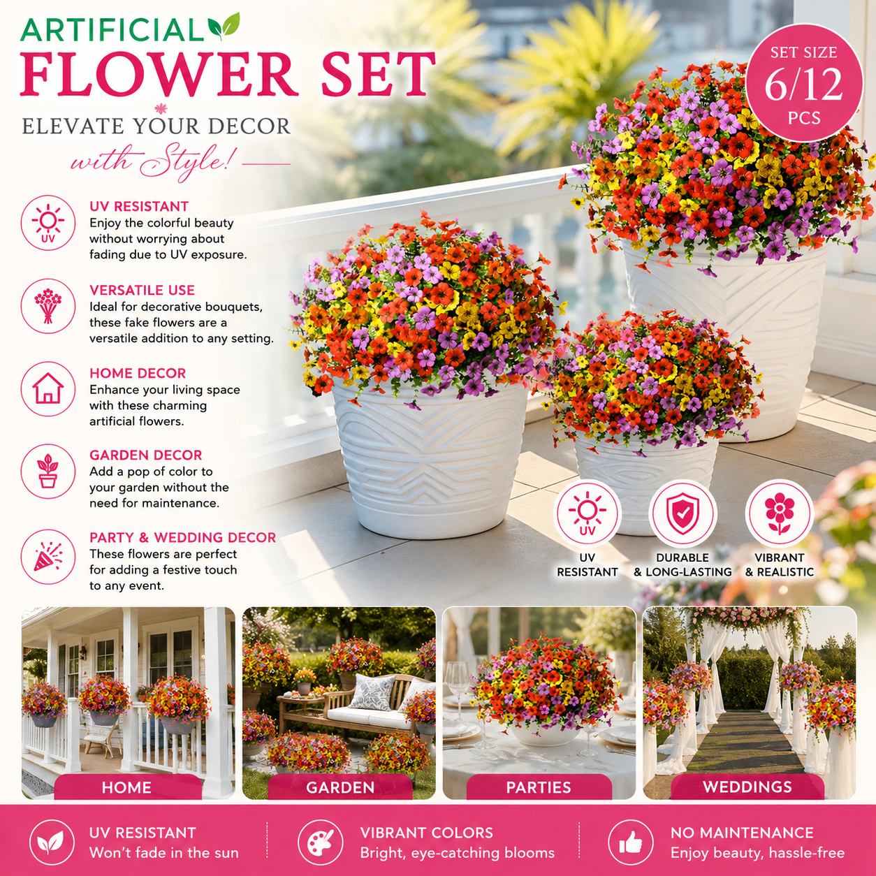 🔥Mother's Day Gift 6-Color Artificial Flower Set 6/12pcs UV Resistant Colorful Fake Bouquet for Home Garden Party Wedding Decor -HS