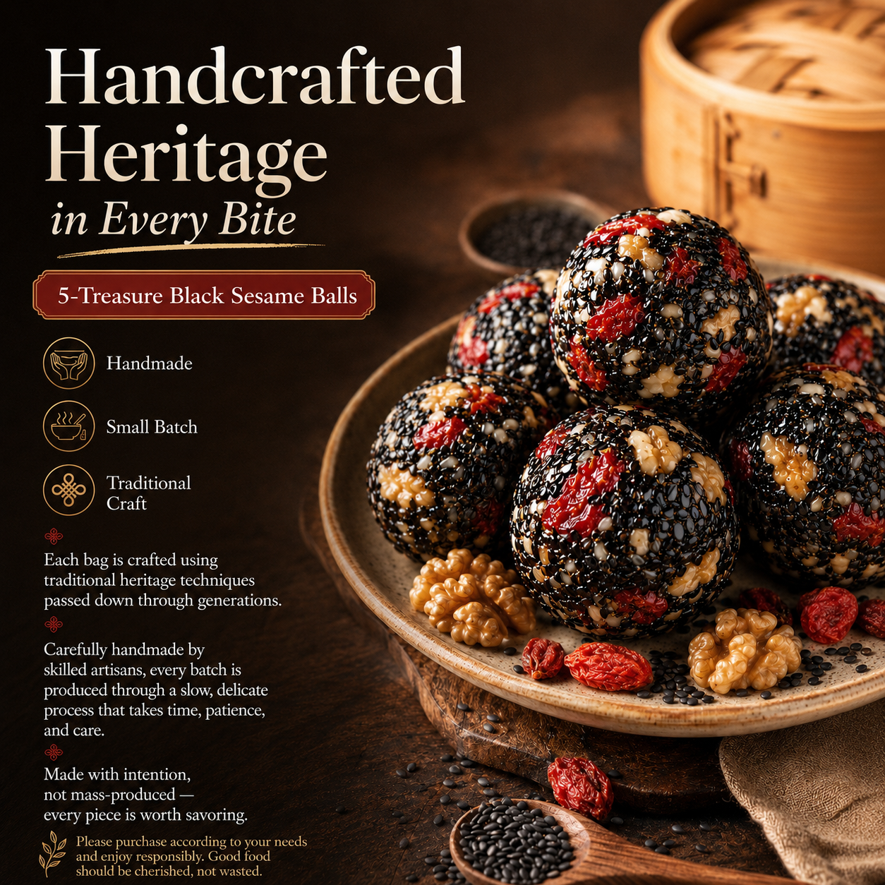 Intangible Heritage 5-Treasure Black Sesame Balls – Nine-Steamed & Nine-Sun-Dried Traditional Craft & Repair Damaged Hair&Promote Sleep-HS