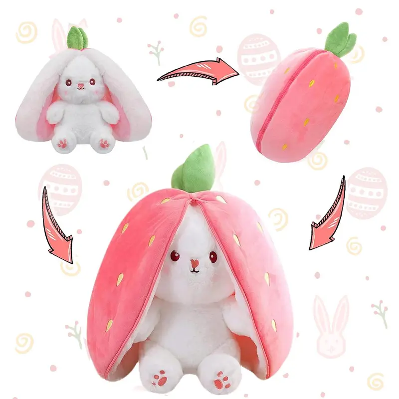 Bunny Stuffed Animal, Strawberry Reversible Cuddle Bunny Plush Doll with Zipper Cute Soft Rabbit Toys Pillow for Kids and Adults Easter Bunnies Plushies Gifts-HS