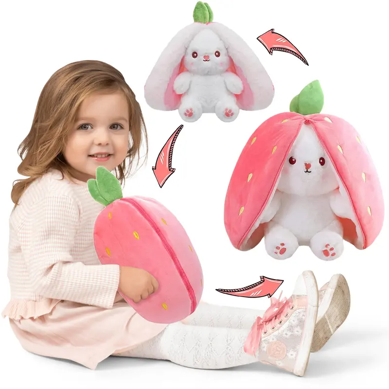 Bunny Stuffed Animal, Strawberry Reversible Cuddle Bunny Plush Doll with Zipper Cute Soft Rabbit Toys Pillow for Kids and Adults Easter Bunnies Plushies Gifts-HS