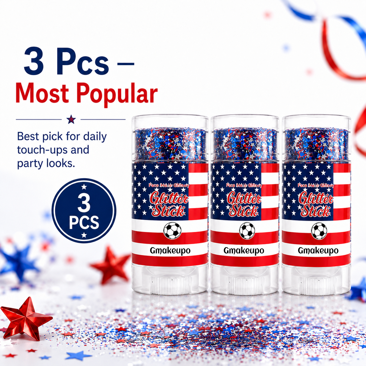 🎁🦅4th of July Glitter Stick✨🔔3-in-1 Patriotic Glow😍✨Red, White & Blue Glitter Body Stick-HS